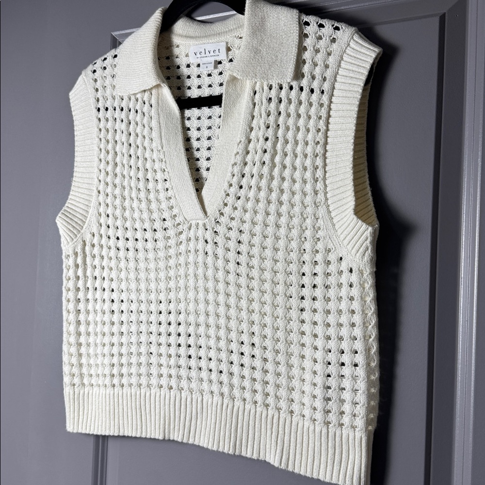 Velvet by Graham & Spencer Taye Open Knit Sweater Vest | Cream | Size Small - Picture 6 of 8